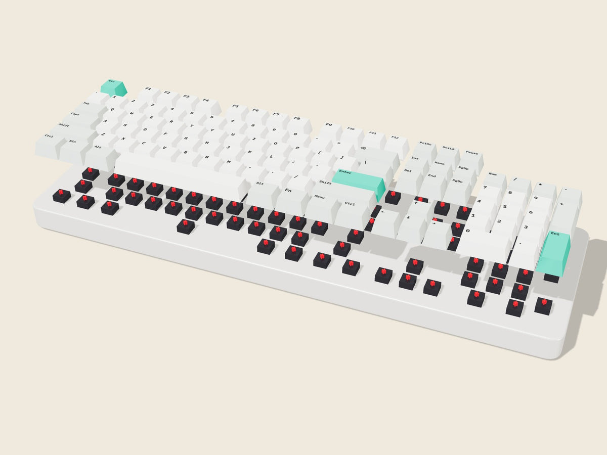 Demo 100 cu keycaps ridicate: plate și switch-uri – randare 3D