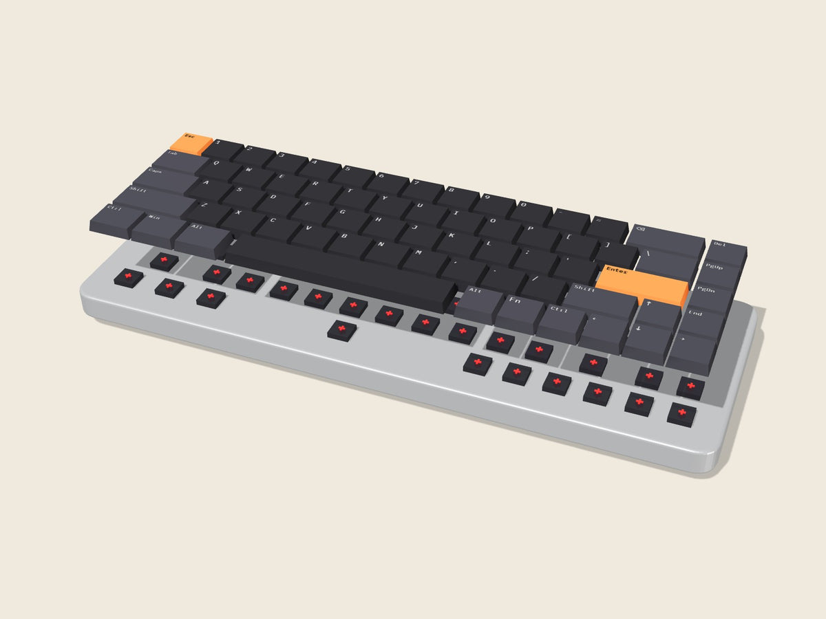 Demo 65 Low cu keycaps ridicate: plate și switch-uri – randare 3D