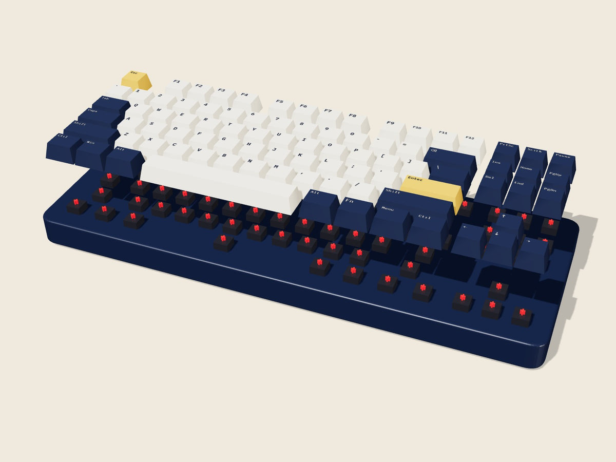 Demo TKL cu keycaps ridicate: plate și switch-uri – randare 3D
