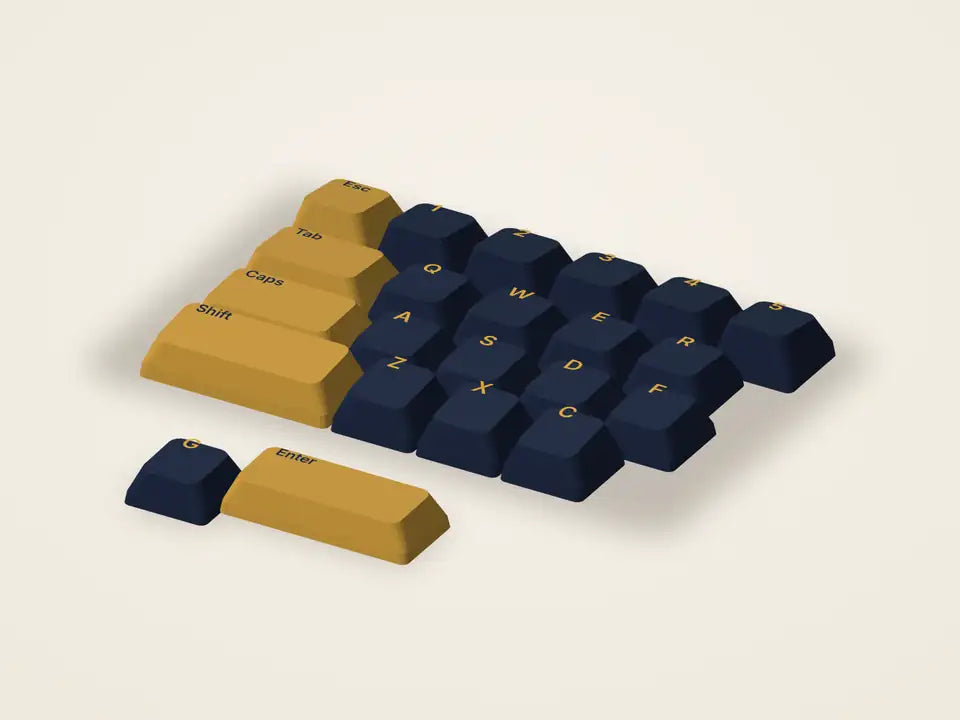 Keycaps Demo PBT Cherry, culoarea Navy și auriu – randare 3D
